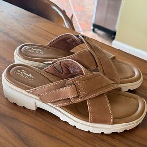 Clarks Tan Leather Slide Sandals